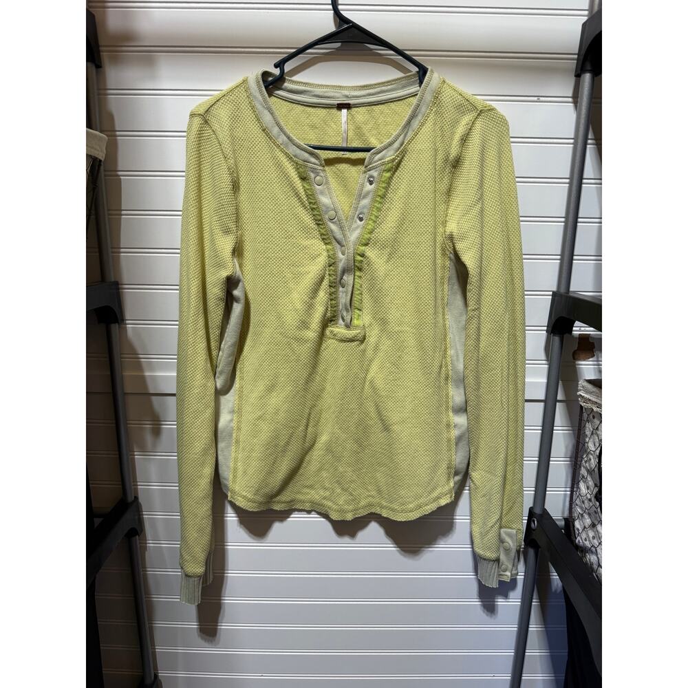 Free People Carly Thermal Waffle Knit Long Sleeve Half Snap Top Size L